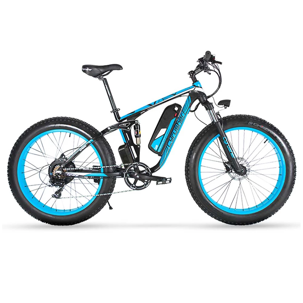 Buy π Cyrusher XF800 Electric Bike Full Suspension 26'' x 4'' Fat Tires 750W Motor 13Ah Removable Battery 28mph Top Speed - Blue π