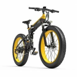 Best deal ๐ BEZIOR X500 Fat Tire Folding Electric Mountain Bike 12.8Ah Removable Battery BMS 500W Brushless Motor 26*4.0 Wheels Aluminum Alloy Frame Shimano 27-speed Shifter Max Speed 35km/h 100KM Power-assisted Range IP54 Oil Disc Brake - Black Yellow ๐