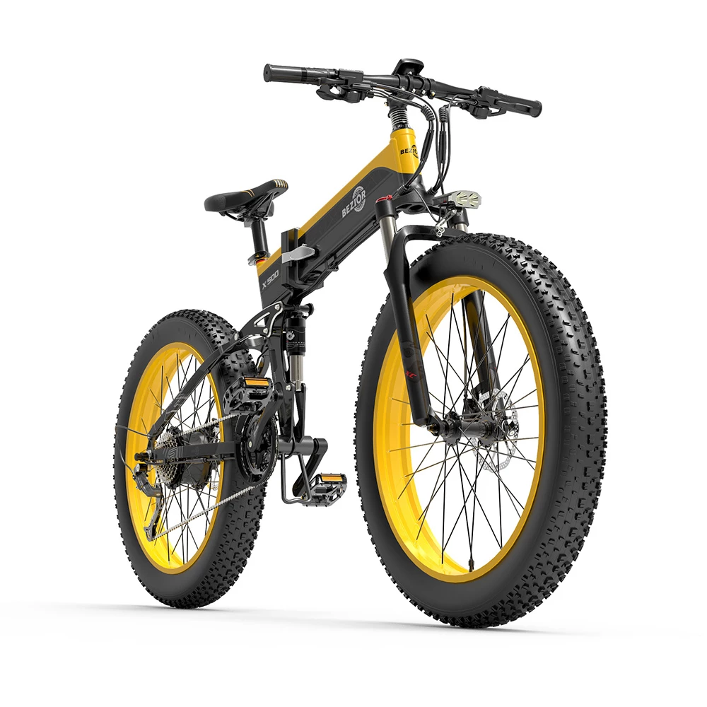 Best deal π BEZIOR X500 Fat Tire Folding Electric Mountain Bike 12.8Ah Removable Battery BMS 500W Brushless Motor 26*4.0 Wheels Aluminum Alloy Frame Shimano 27-speed Shifter Max Speed 35km/h 100KM Power-assisted Range IP54 Oil Disc Brake - Black Yellow π