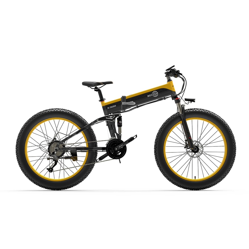 Best deal π BEZIOR X500 Fat Tire Folding Electric Mountain Bike 12.8Ah Removable Battery BMS 500W Brushless Motor 26*4.0 Wheels Aluminum Alloy Frame Shimano 27-speed Shifter Max Speed 35km/h 100KM Power-assisted Range IP54 Oil Disc Brake - Black Yellow π - Image 2